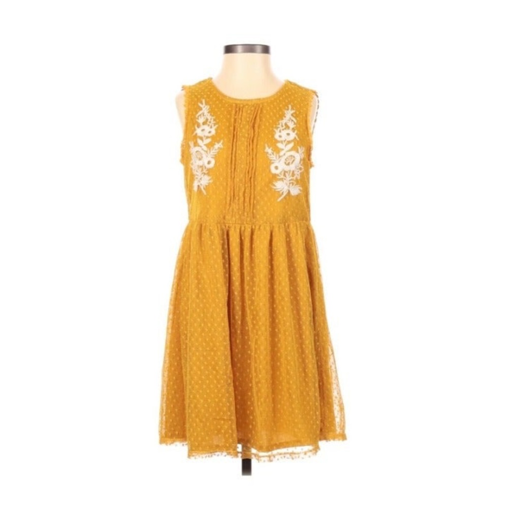 Blue Rain Casual Dress Mustard Yellow Lacy Floral Embroidered Cottage Womens XXS